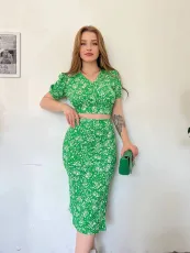 Floral Bubble Short Sleeve Split Skirt 2 Piece Set GADE-5660