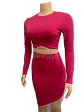 Long Sleeve Tassel Tops And Skirt 2 Piece Set GADE-5314