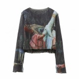 Silk Ccreen Print Long Sleeve Skirt 2 Piece Set GADE-5816
