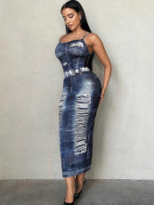 Sexy Print Backless Hang Neck Long Dress GADE-5946