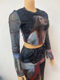 Silk Ccreen Print Long Sleeve Skirt 2 Piece Set GADE-5816