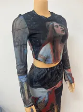 Silk Ccreen Print Long Sleeve Skirt 2 Piece Set GADE-5816
