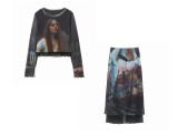 Silk Ccreen Print Long Sleeve Skirt 2 Piece Set GADE-5816