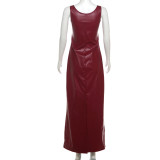 U Neck Sling PU Leather Split Long Dress XEF-53739