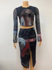 Silk Ccreen Print Long Sleeve Skirt 2 Piece Set GADE-5816