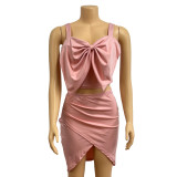 Solid Color Bow Sling Top Two Piece Skirt Set GADE-5636