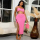 U Neck Sling Vest And Long Split Skirt Two Piece Set GADE-5892