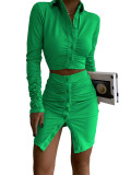 Fashion Lapel Solid Color Pleated 2 Piece Skirt Set GADE-2713