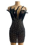 Feather V Neck Hot Drill Mini Dress GADE-5662