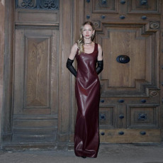 U Neck Sling PU Leather Split Long Dress XEF-53739