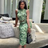 Sleeveless Print Drawstring Two Piece Skirts Set GADE-58391