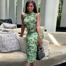 Sleeveless Print Drawstring Two Piece Skirts Set GADE-58391