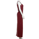 U Neck Sling PU Leather Split Long Dress XEF-53739