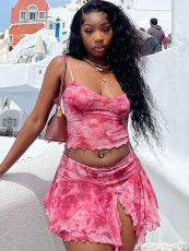 Mesh Print Sling Vest Two Piece Skirts Set GADE-5670