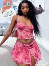 Mesh Print Sling Vest Two Piece Skirts Set GADE-5670