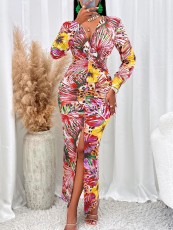 Print V Neck Long Sleeve Split Maxi Dress GADE-5885