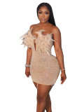 Feather V Neck Hot Drill Mini Dress GADE-5662