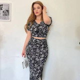 Floral Bubble Short Sleeve Split Skirt 2 Piece Set GADE-5660