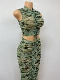 Sleeveless Print Drawstring Two Piece Skirts Set GADE-58391
