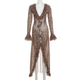 Leopard Print Deep V Neck Split Maxi Dress XEF-53059