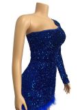 Single Shoulder Long Sleeve Sequin Mini Dress GADE-2921