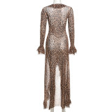 Leopard Print Deep V Neck Split Maxi Dress XEF-53059