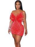 Feather V Neck Hot Drill Mini Dress GADE-5662