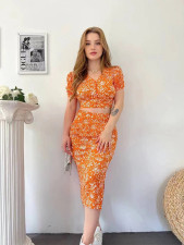 Floral Bubble Short Sleeve Split Skirt 2 Piece Set GADE-5660