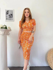 Floral Bubble Short Sleeve Split Skirt 2 Piece Set GADE-5660
