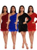 Single Shoulder Long Sleeve Sequin Mini Dress GADE-2921