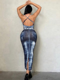 Sexy Print Backless Hang Neck Long Dress GADE-5946
