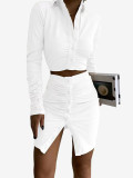 Fashion Lapel Solid Color Pleated 2 Piece Skirt Set GADE-2713