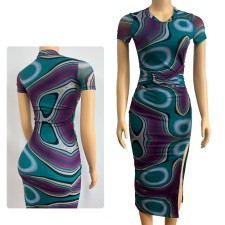 Print Short Sleeve Split Bodycon Dress GADE-5605
