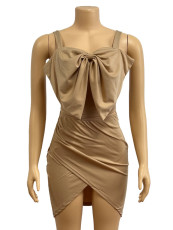 Solid Color Bow Sling Top Two Piece Skirt Set GADE-5636