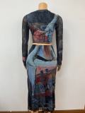 Silk Ccreen Print Long Sleeve Skirt 2 Piece Set GADE-5816