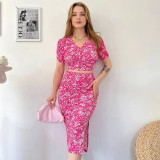 Floral Bubble Short Sleeve Split Skirt 2 Piece Set GADE-5660