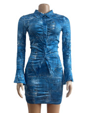 Vintage Denim Printed Frayed Two Piece Skirt Set GADE-5100