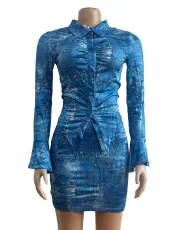 Vintage Denim Printed Frayed Two Piece Skirt Set GADE-5100