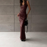 U Neck Sling PU Leather Split Long Dress XEF-53739