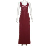 U Neck Sling PU Leather Split Long Dress XEF-53739