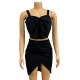 Solid Color Bow Sling Top Two Piece Skirt Set GADE-5636