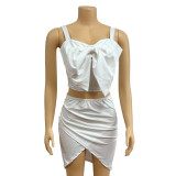 Solid Color Bow Sling Top Two Piece Skirt Set GADE-5636