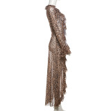 Leopard Print Deep V Neck Split Maxi Dress XEF-53059