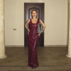 U Neck Sling PU Leather Split Long Dress XEF-53739