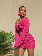 Patchwork Wave Print Long Sleeve Mini Skirt Set GADE-5857