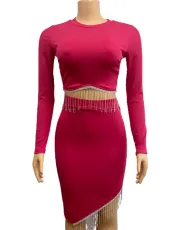 Long Sleeve Tassel Tops And Skirt 2 Piece Set GADE-5314
