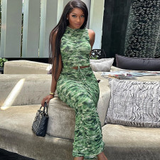 Sleeveless Print Drawstring Two Piece Skirts Set GADE-58391