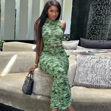 Sleeveless Print Drawstring Two Piece Skirts Set GADE-58391