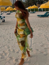 Sleeveless Print O Neck Split Maxi Dress GADE-5647