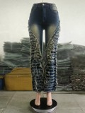 Washed And Aged Raw Edge Spliced Micro Jeans GSMJ-6966